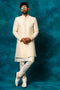 VASTRAMAY Men's Beige Imported Jacquard Indo With Kurta Pyjama Set